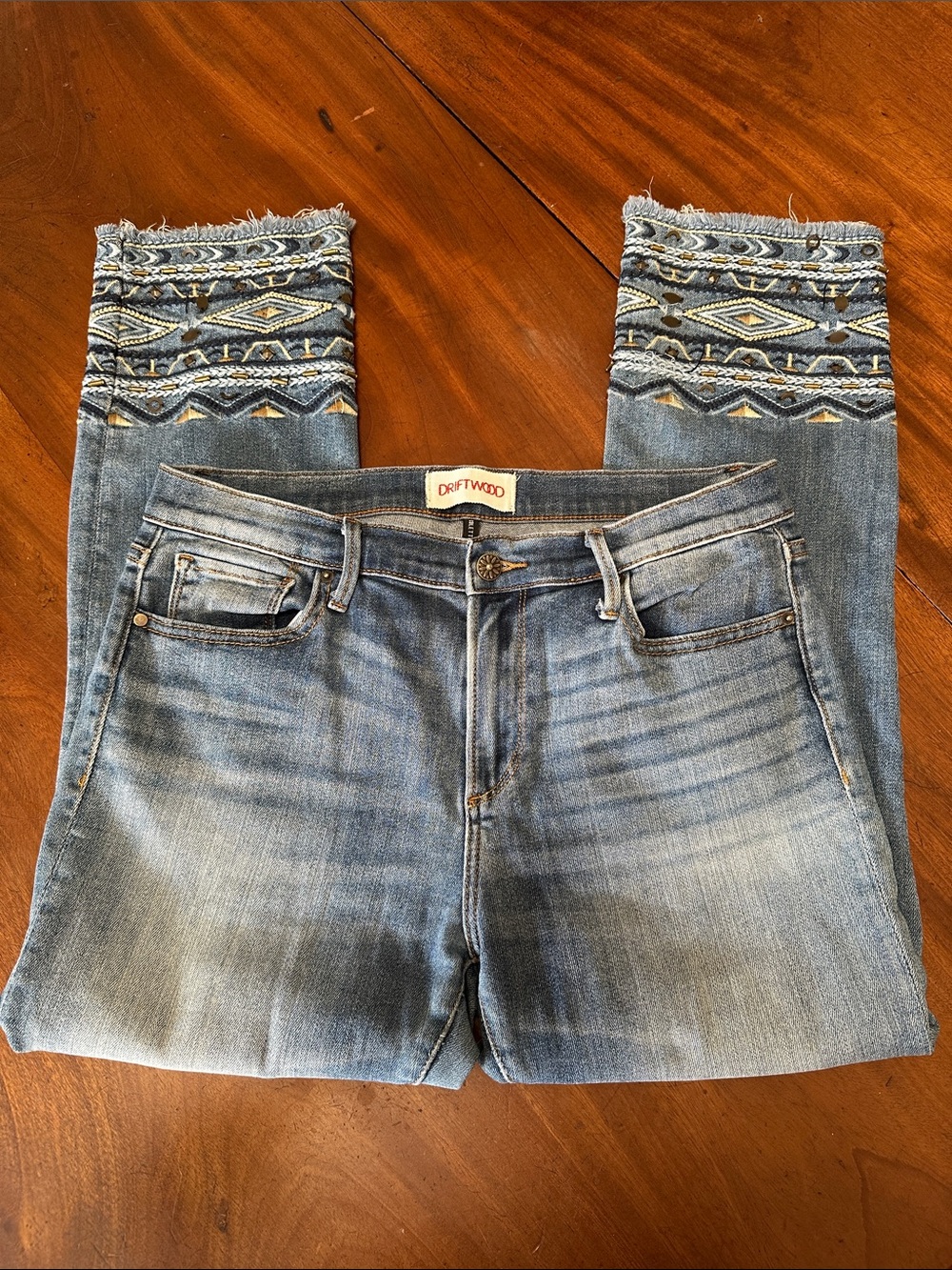 DRIFTWOOD Light Blue Embroidered Ankle Jeans